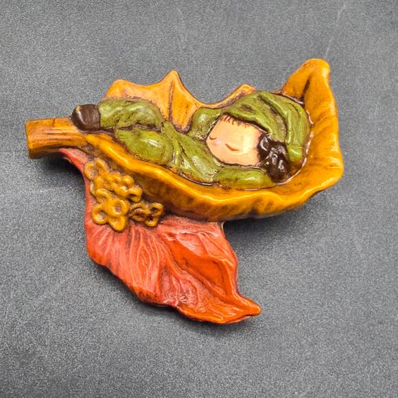 Hallmark Jewelry - Hallmark 1978 Pixie Elf In Leaf Brooch Vintage Plastic Falll Jewelry